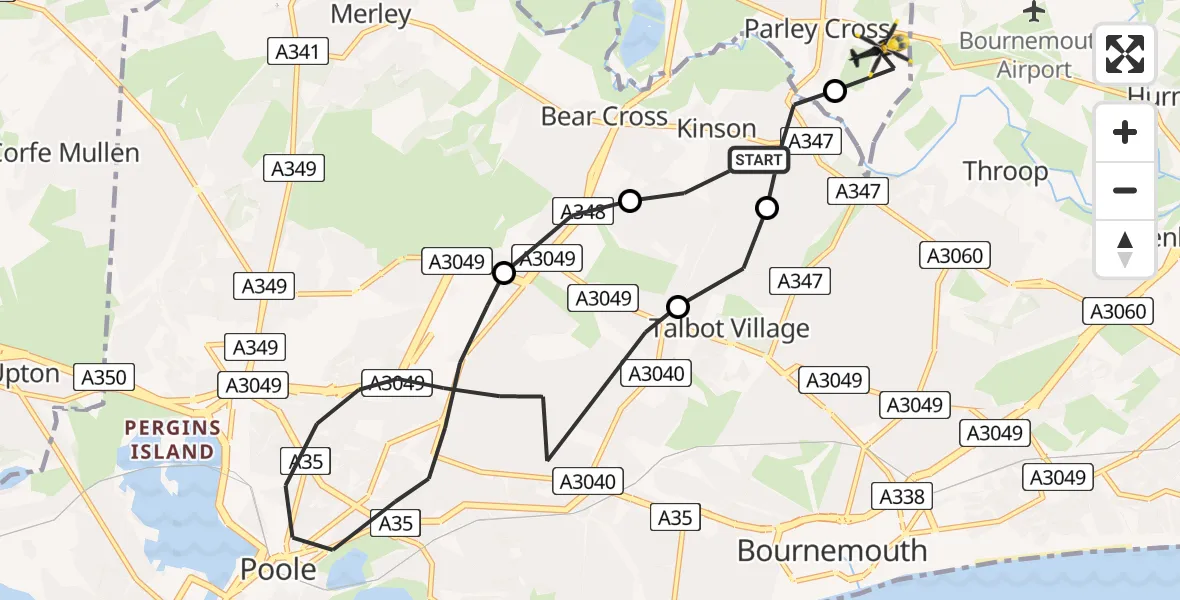Flight route map: Police Helicopter to Parley Cross, Christchurch Road