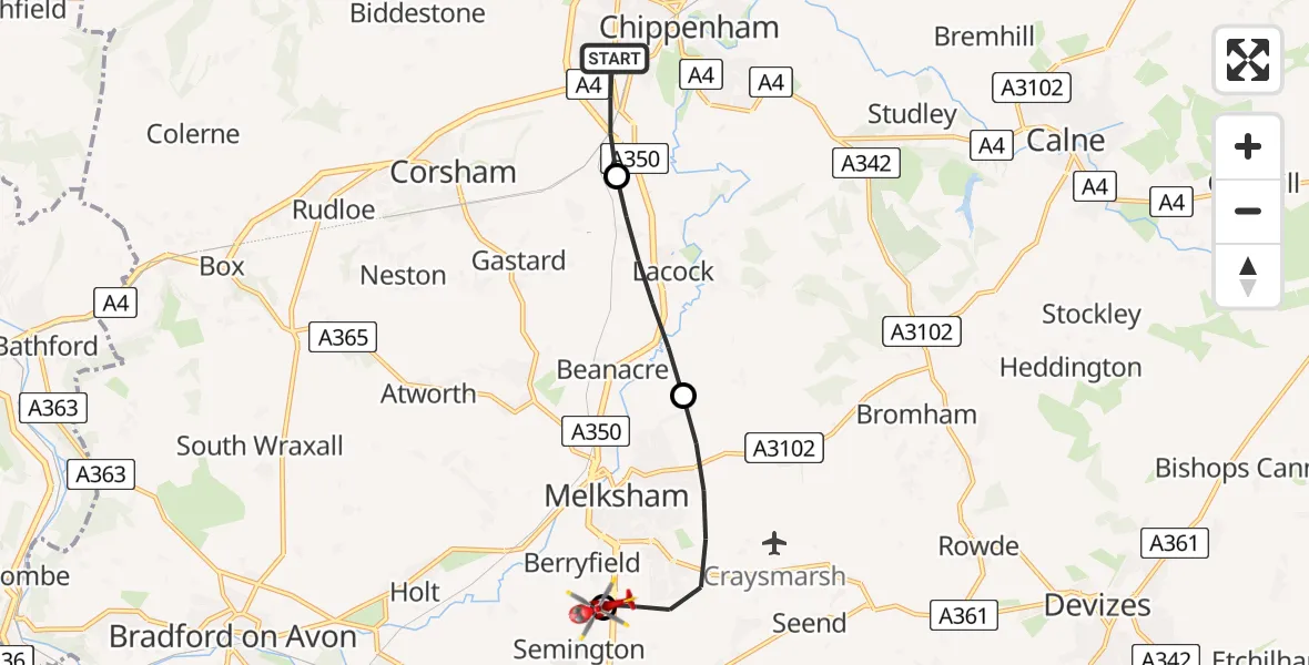 Routekaart van de vlucht: Air Ambulance Helicopter to Wiltshire Air Ambulance, Wiltshire Air Ambulance