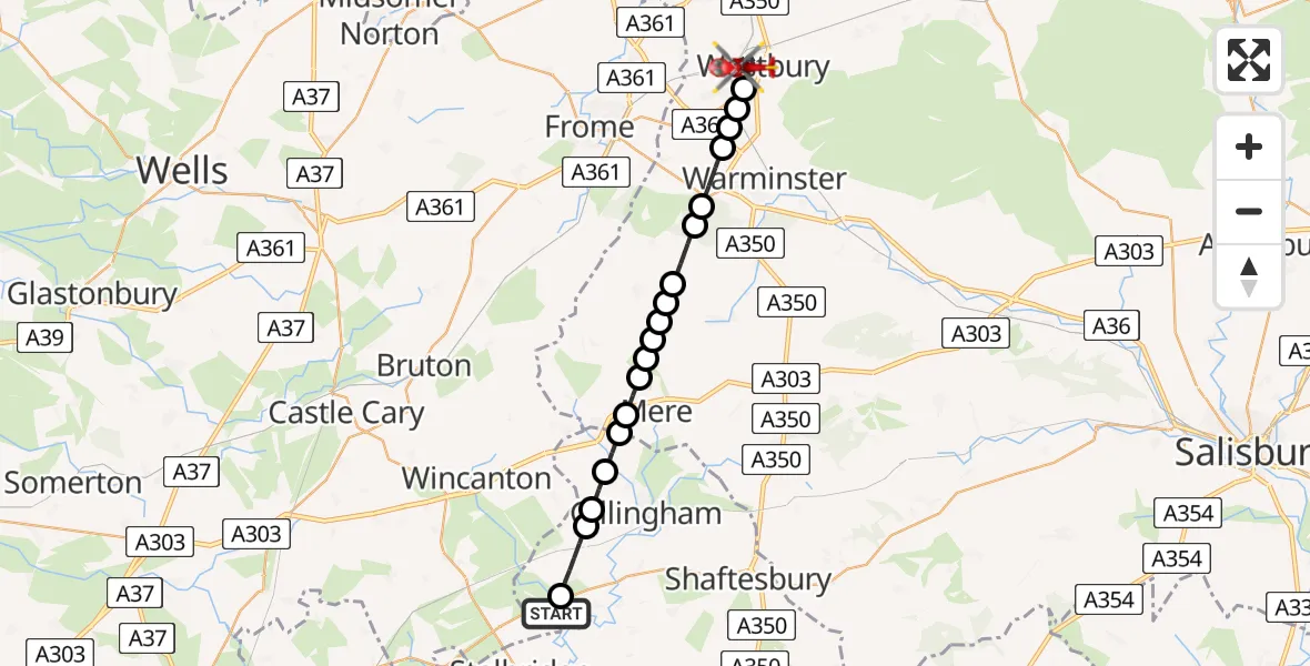 Flight route map: Air Ambulance Helicopter to Westbury, Elm Grove