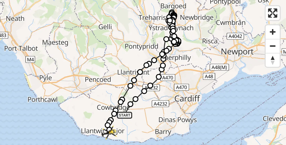 Routekaart van de vlucht: Police Helicopter to Boverton, Castle Close