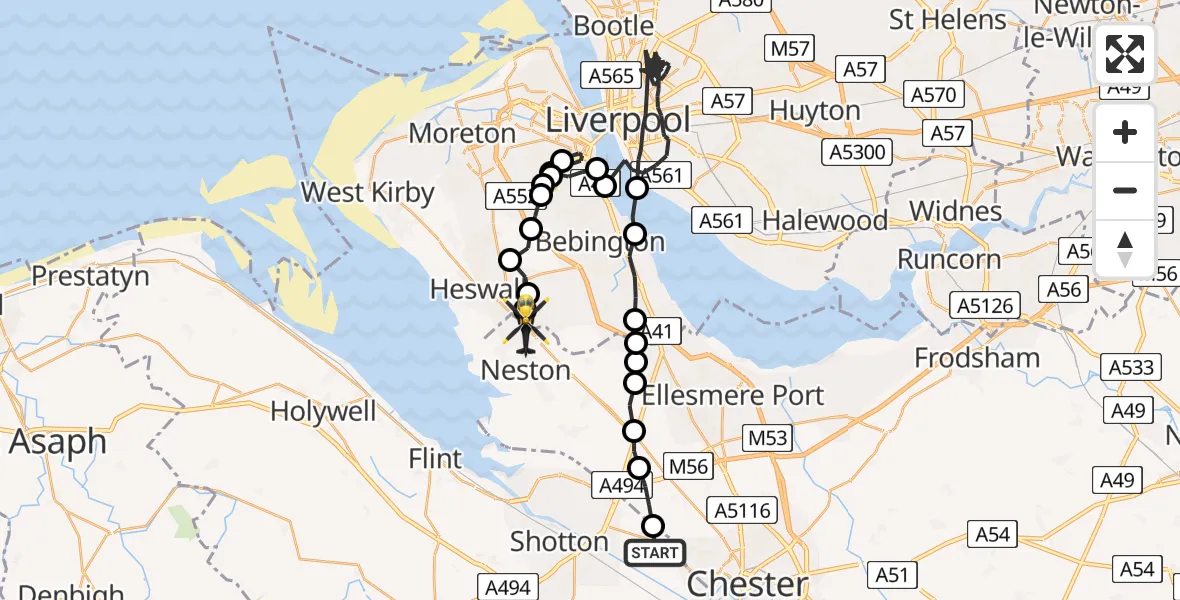 Flight route map: Police Helicopter to Neston, Chester High Road