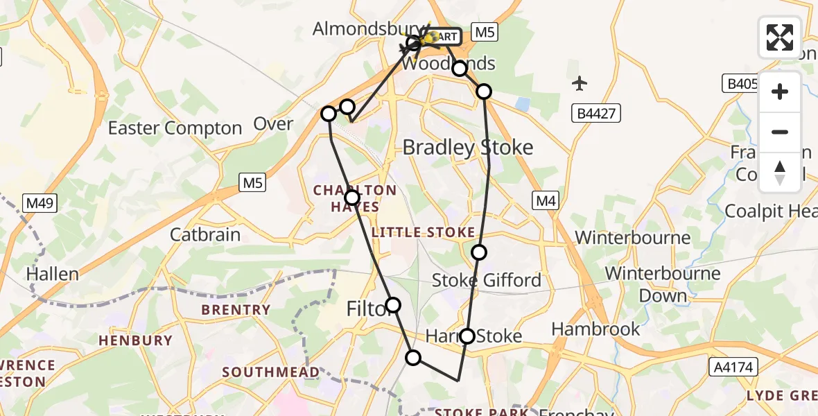 Flight route map: Police Helicopter to Almondsbury Helicopter Base, Almondsbury Helicopter Base