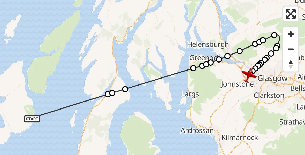 Flight path map showing Air Ambulance Aircraft route from Inner Seas to Glasgow Airport