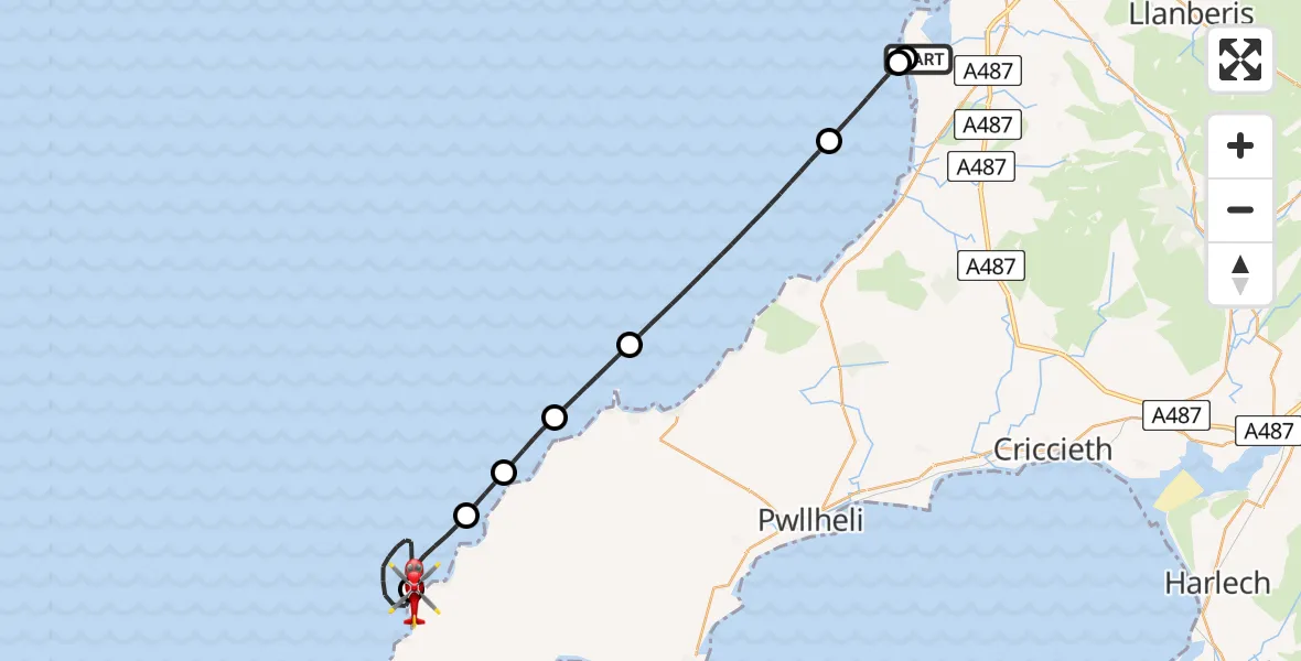 Flight route map: Air Ambulance Helicopter to Aberdaron, Pont Rhyd y Cei