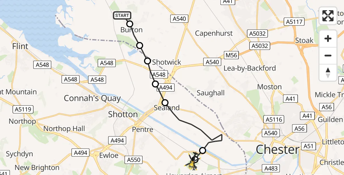 Flight route map: Police Helicopter to Hawarden Airport, Hawarden Airport