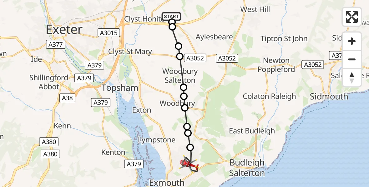 Flight route map: Air Ambulance Helicopter to Exmouth, Flora Close