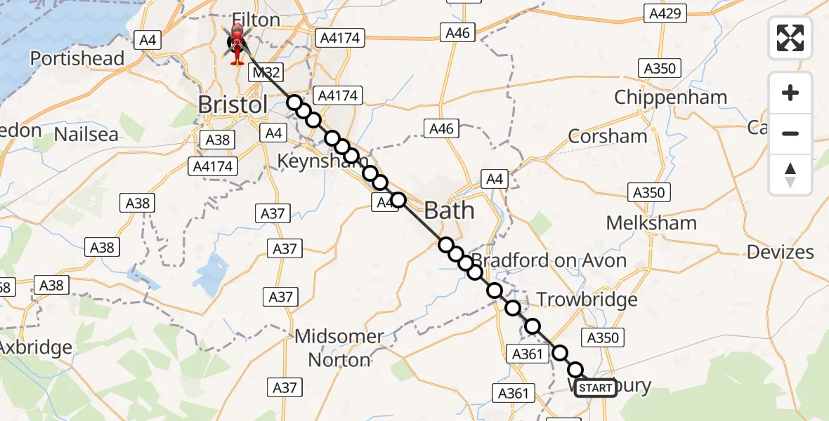 Flight route map: Air Ambulance Helicopter to Bristol, Southmead Road