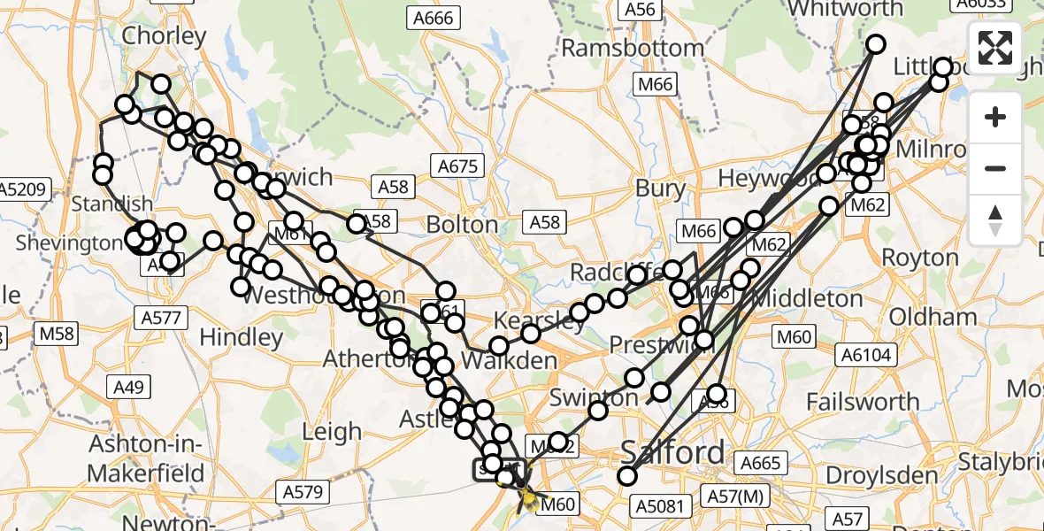 Flight path map showing Police Helicopter route from Irlam to Manchester Barton Aerodrome