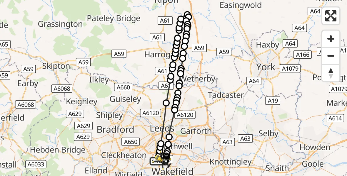 Routekaart van de vlucht: Police Helicopter to Wakefield, A650