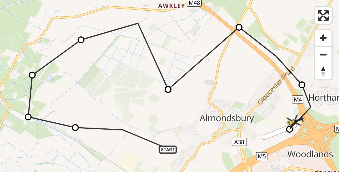 Flight route map: Police Helicopter to Almondsbury Helicopter Base, Almondsbury Helicopter Base