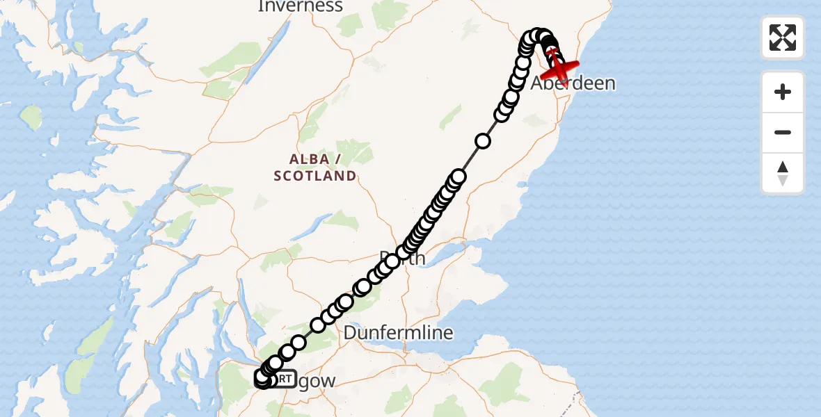 Flight path map showing Air Ambulance Aircraft route from Glasgow Airport to Aberdeen International Airport