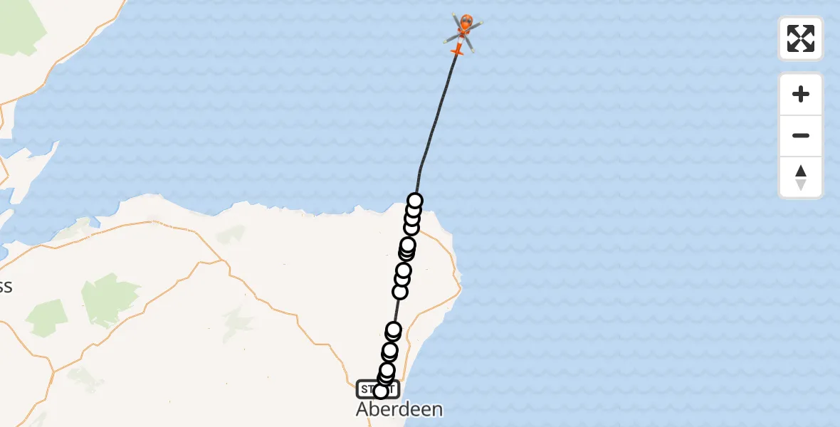 Flight path map showing Coastguard Helicopter route from Aberdeen International Airport to North Sea
