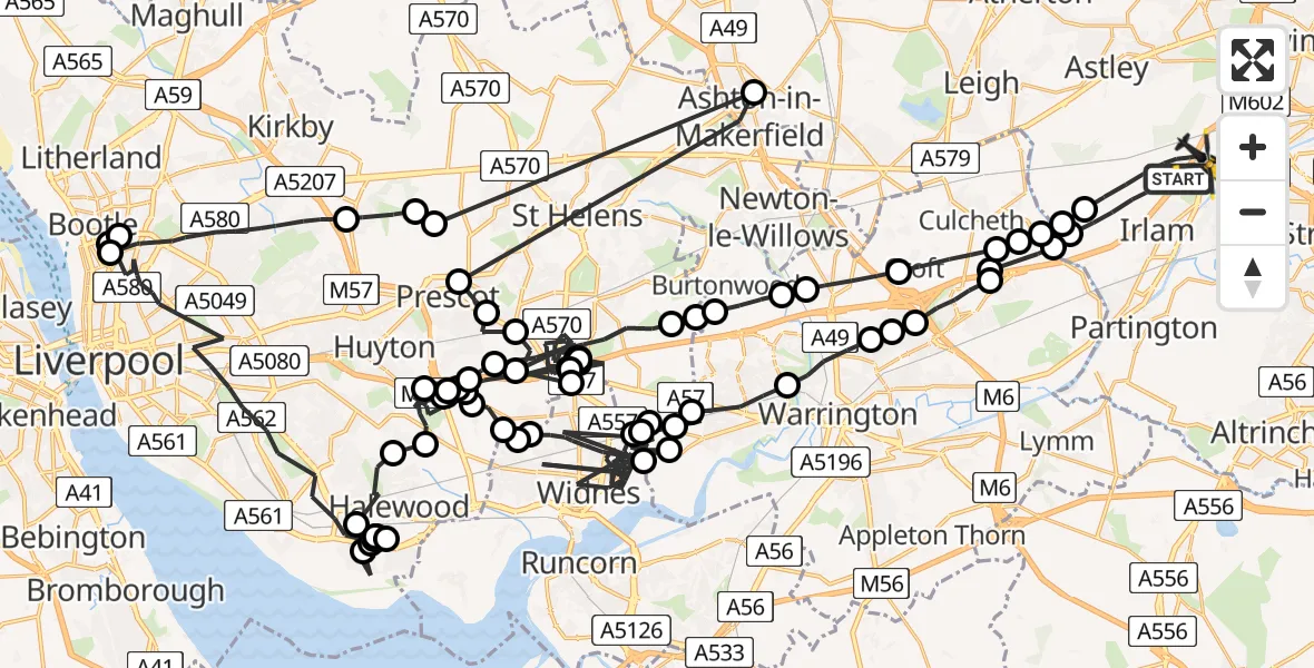 Flight path map showing Police Helicopter route from Irlam to Manchester Barton Aerodrome