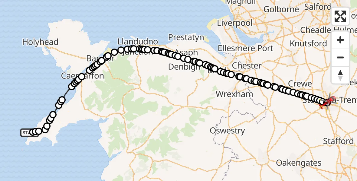 Routekaart van de vlucht: Air Ambulance Helicopter to University Hospital North Staffs, University Hospital North Staffs