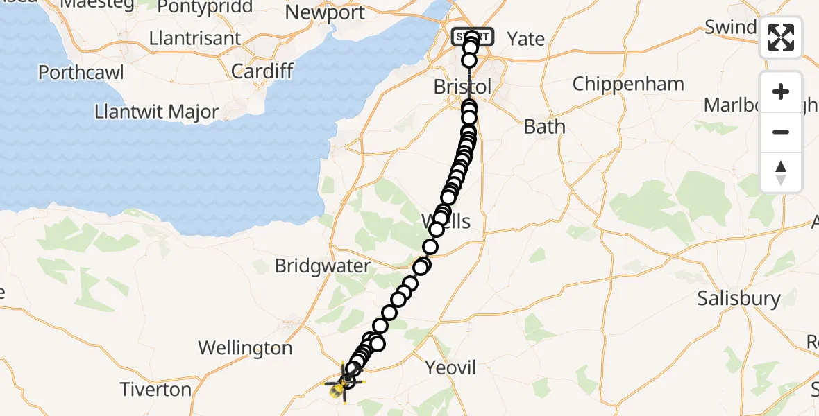Flight route map: Police Helicopter to Donyatt, Old Taunton to Chard Train Line