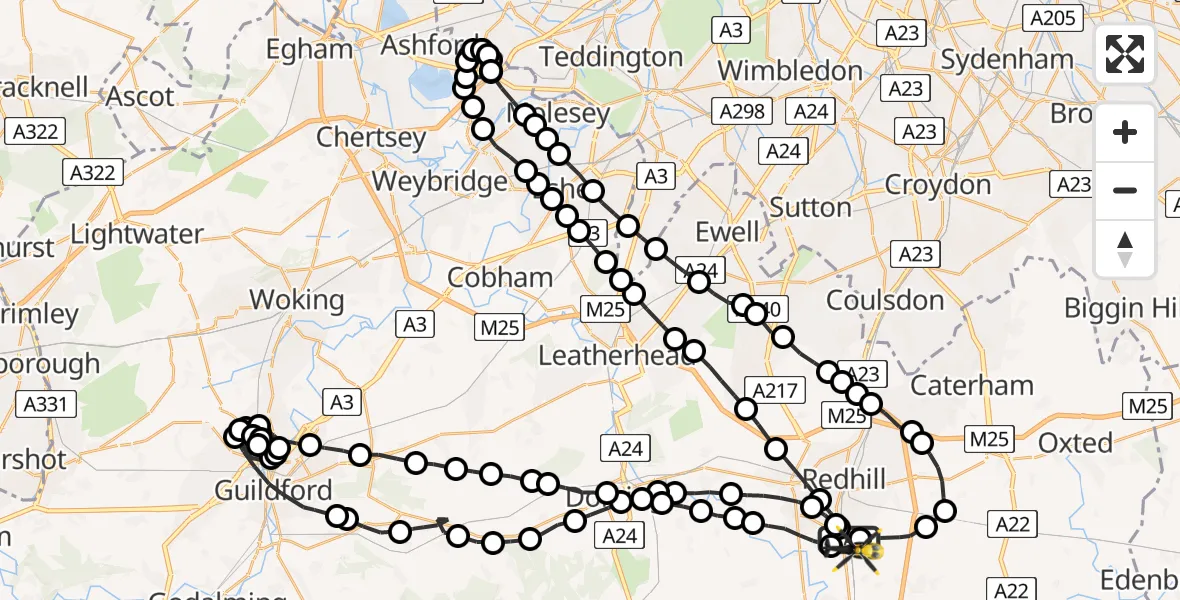 Flight route map: Police Helicopter to Salfords, Copsleigh Avenue