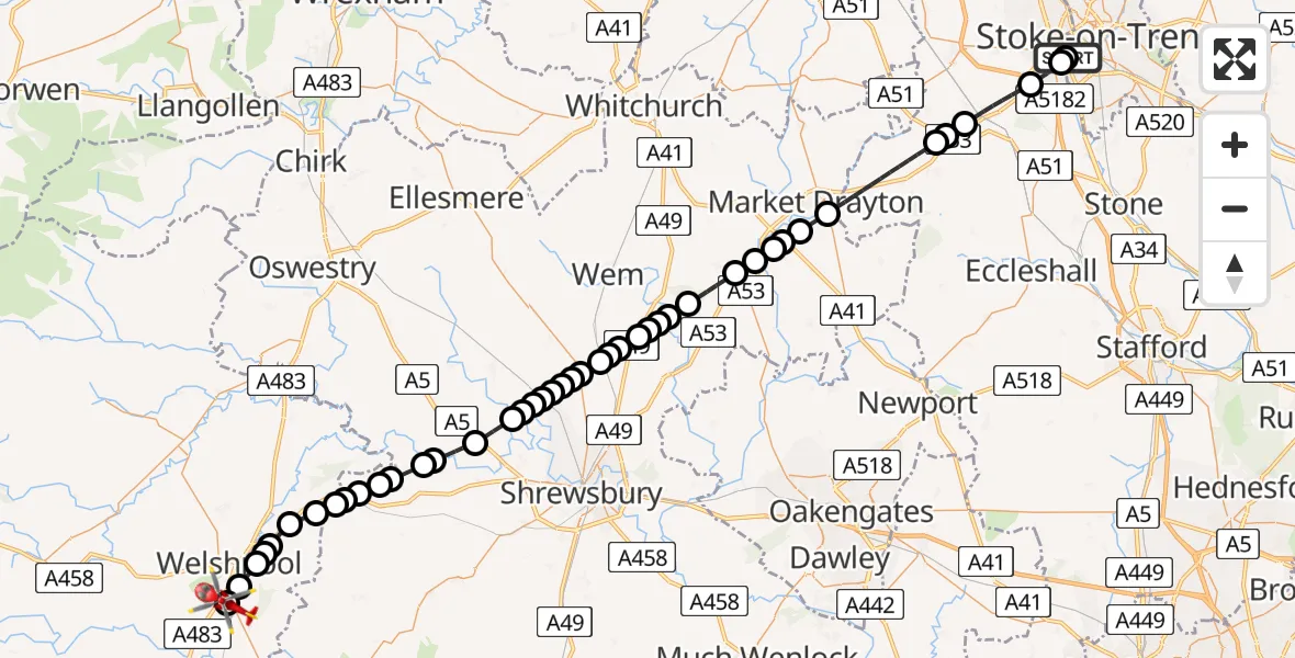 Flight route map: Air Ambulance Helicopter to Welshpool Airport, Welshpool Airport