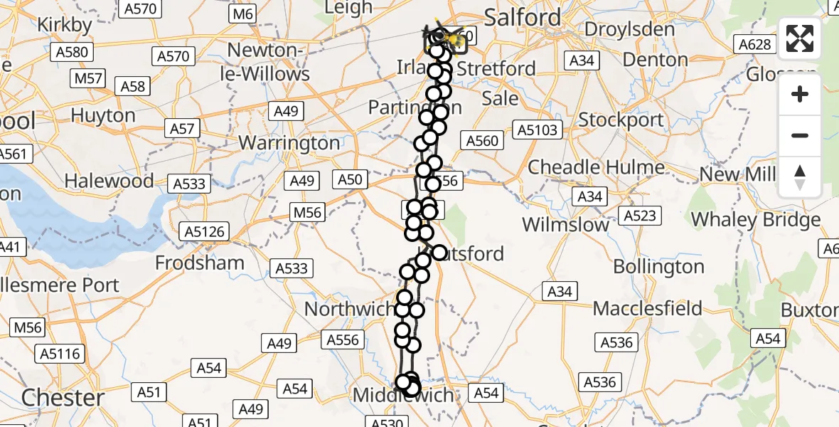 Flight path map showing Police Helicopter route from Manchester Barton Aerodrome to Manchester Barton Aerodrome