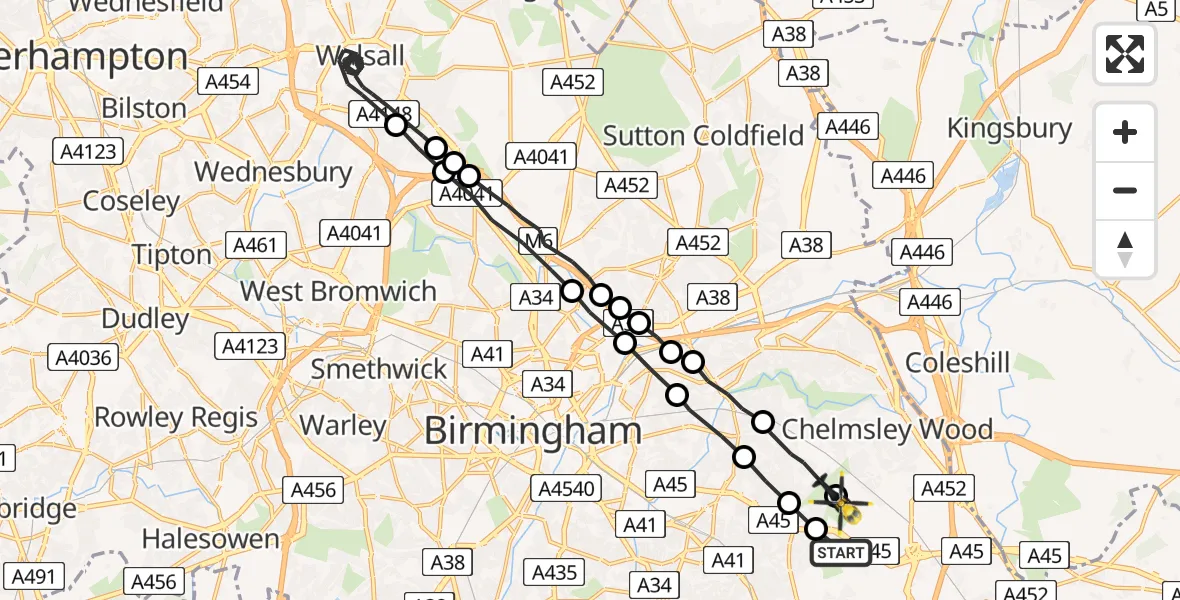 Flight route map: Police Helicopter to Birmingham, Coventry Road