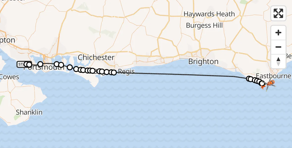 Flight route map: Coastguard Helicopter to Eastbourne, Beachy Head Road