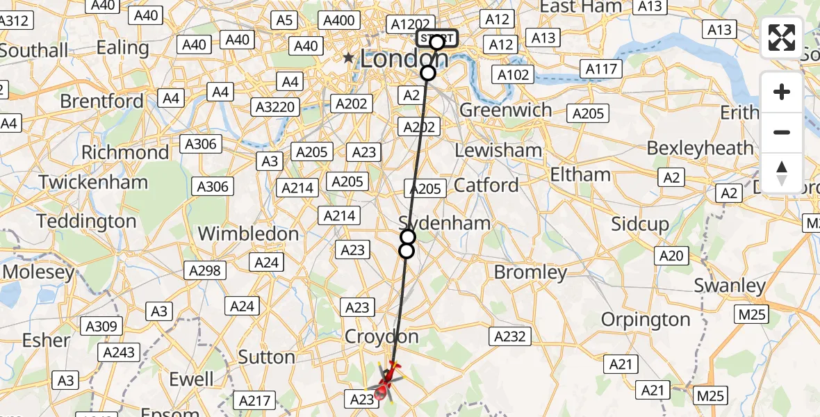 Flight route map: Air Ambulance Helicopter to London Borough of Croydon, Wyche Grove