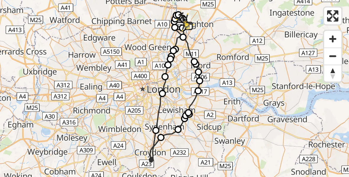 Flight route map: Police Helicopter to Metropolitan Police Air Support Unit Lippitts Hill, Metropolitan Police Air Support Unit Lippitts Hill