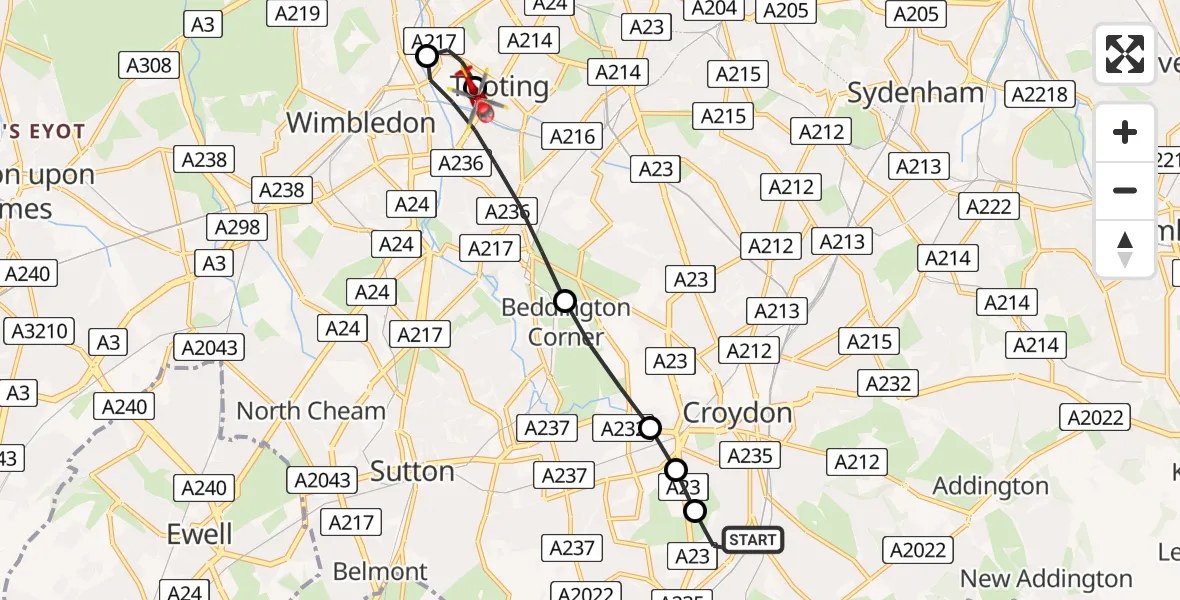 Flight route map: Air Ambulance Helicopter to St Georges Hospital, St Georges Hospital