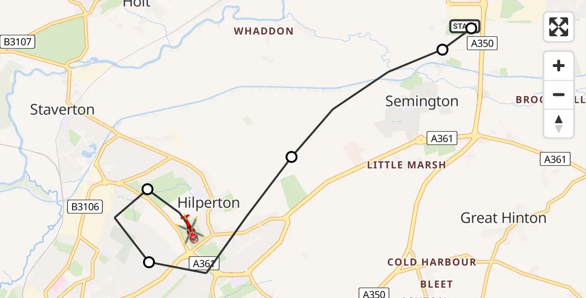 Flight route map: Air Ambulance Helicopter to Hilperton, Middle Lane
