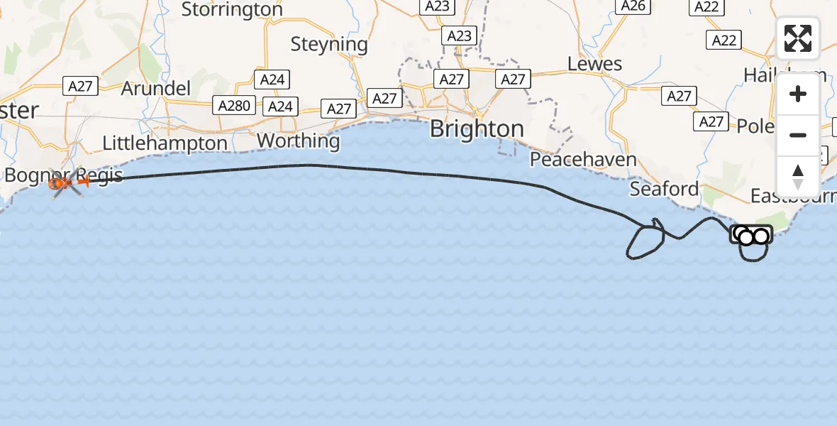 Flight route map: Coastguard Helicopter to English Channel, English Channel