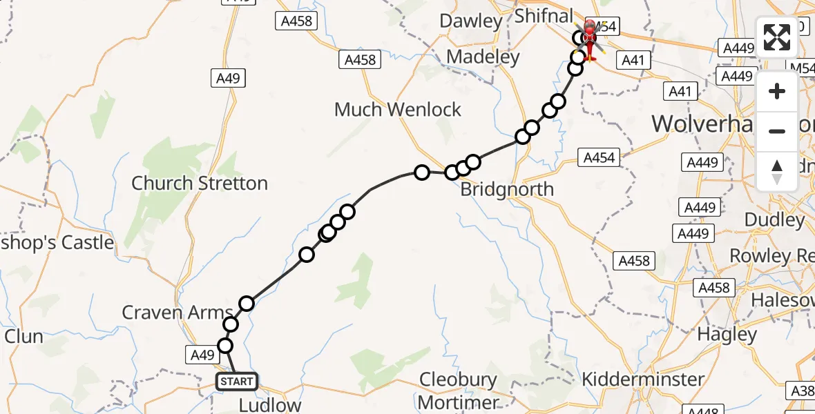 Routekaart van de vlucht: Air Ambulance Helicopter to Cosford, Airbase Avenue