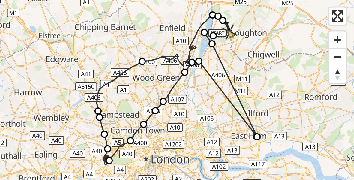 Flight path map showing Police Helicopter route from Sewardstonebury to Sewardstonebury