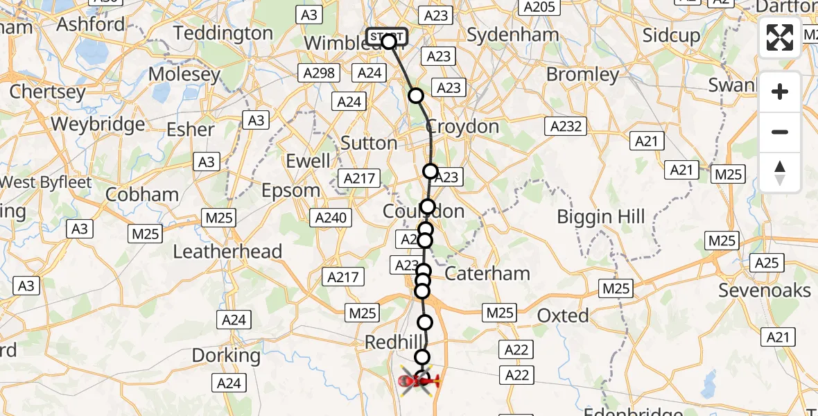 Routekaart van de vlucht: Air Ambulance Helicopter to Redhill Aerodrome, Redhill Aerodrome