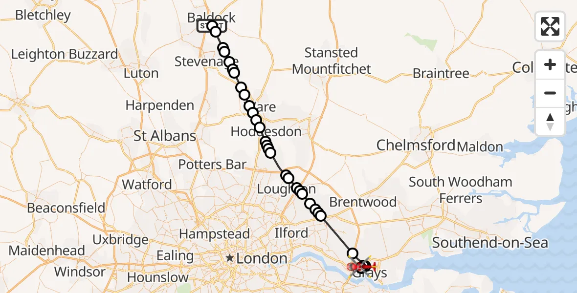 Routekaart van de vlucht: Air Ambulance Helicopter to South Ockendon, Grifon Road