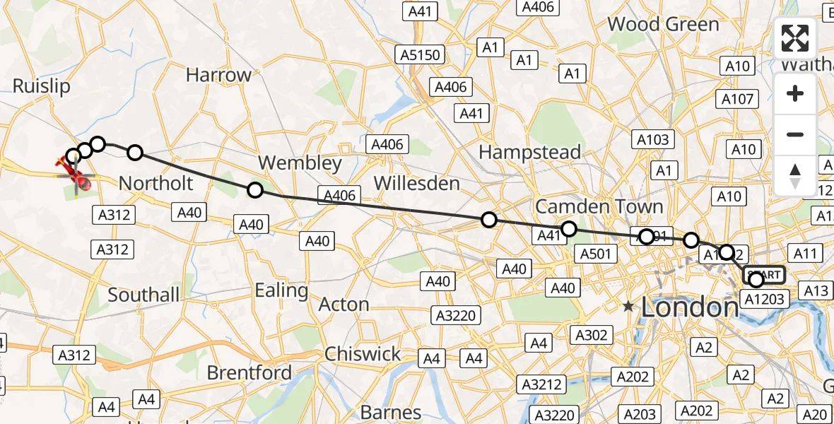 Flight route map: Air Ambulance Helicopter to RAF Northolt, RAF Northolt