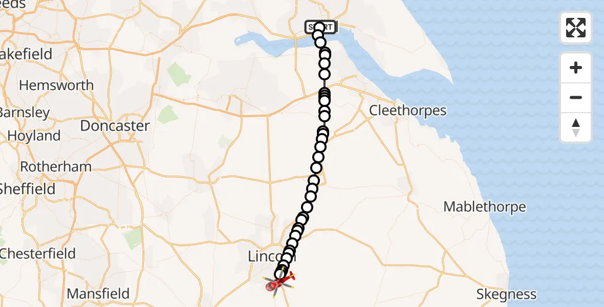 Flight route map: Air Ambulance Helicopter to North Kesteven, Sleaford Road