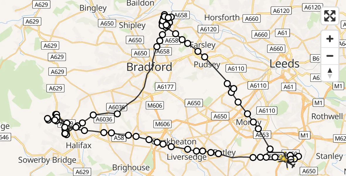 Flight path map showing Police Helicopter route from East Ardsley to Wakefield