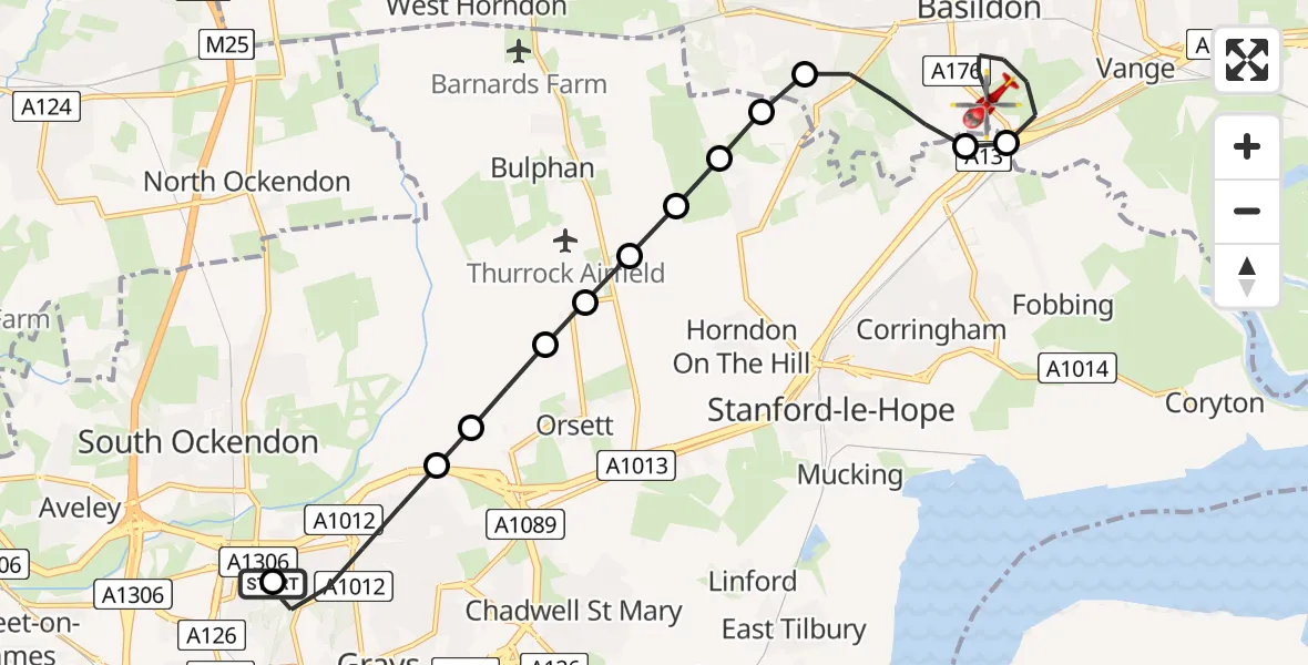 Flight route map: Air Ambulance Helicopter to Basildon, Nether Mayne