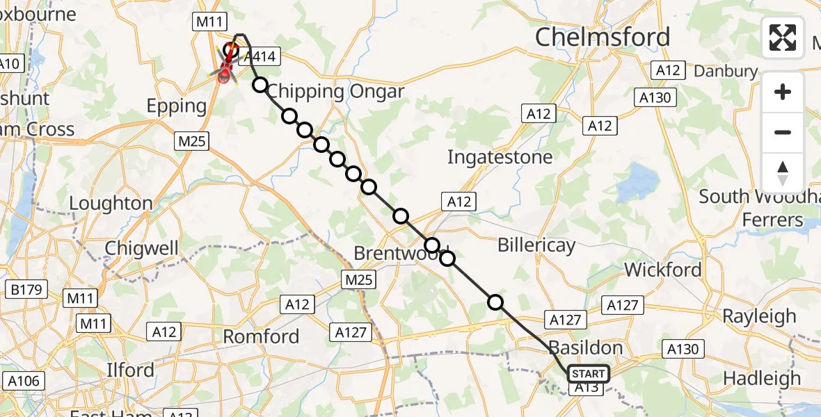 Flight route map: Air Ambulance Helicopter to North Weald Airfield, North Weald Airfield