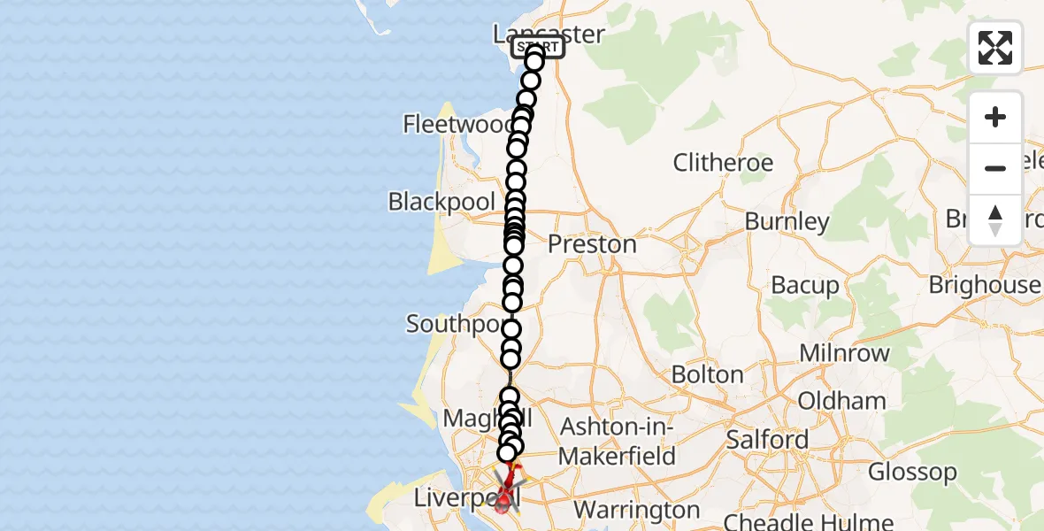 Flight route map: Air Ambulance Helicopter to Liverpool, Little Bongs