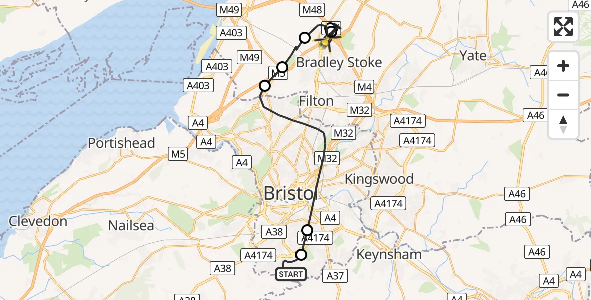Flight route map: Police Helicopter to Almondsbury Helicopter Base, Almondsbury Helicopter Base