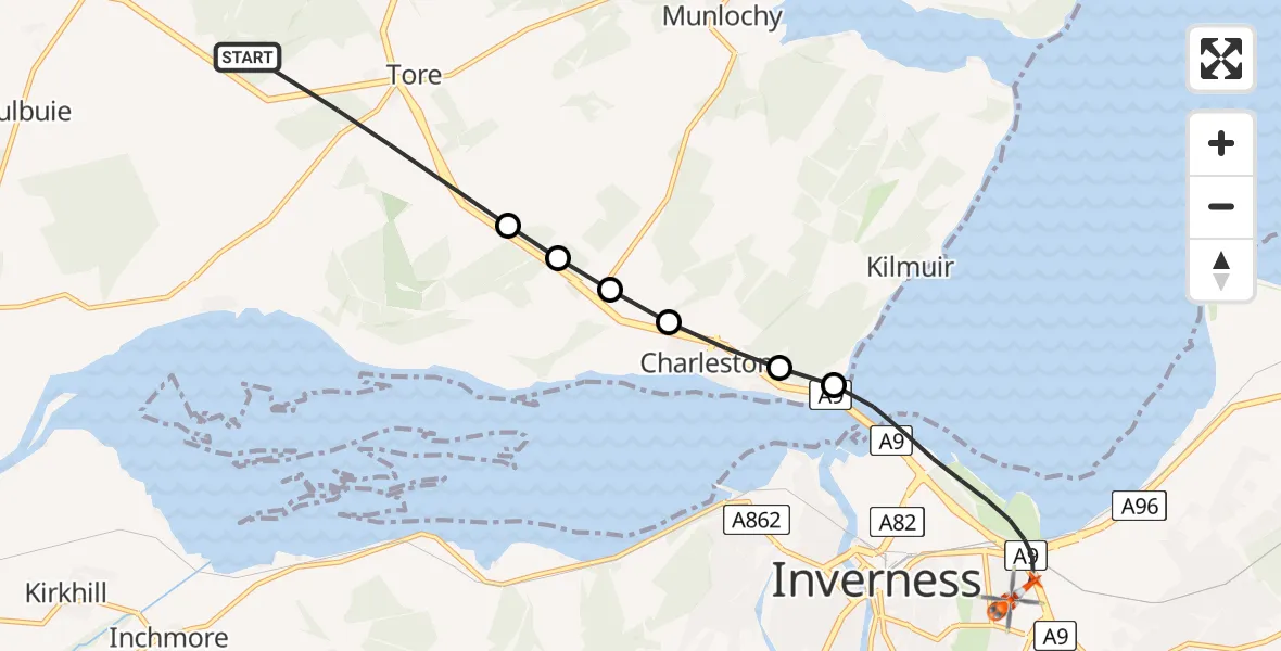 Flight route map: Coastguard Helicopter to Inverness, Ashton Road