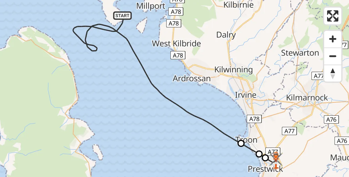 Flight route map: Coastguard Helicopter to Glasgow Prestwick Airport, Glasgow Prestwick Airport