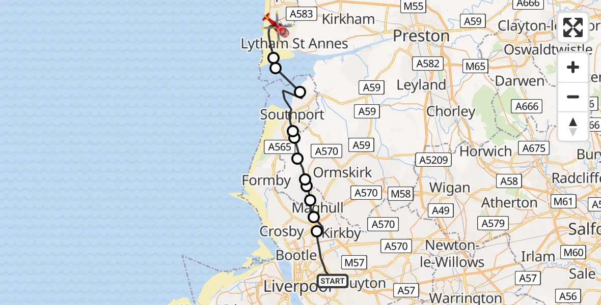Flight route map: Air Ambulance Helicopter to Blackpool Airport, Blackpool Airport