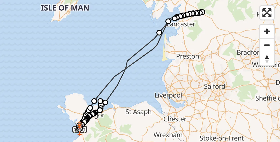 Flight path map showing Coastguard Helicopter route from Caernarfon Airport to Caernarfon Airport