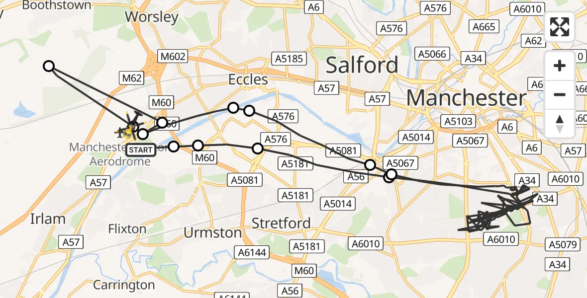 Flight path map showing Police Helicopter route from Manchester Barton Aerodrome to Manchester Barton Aerodrome