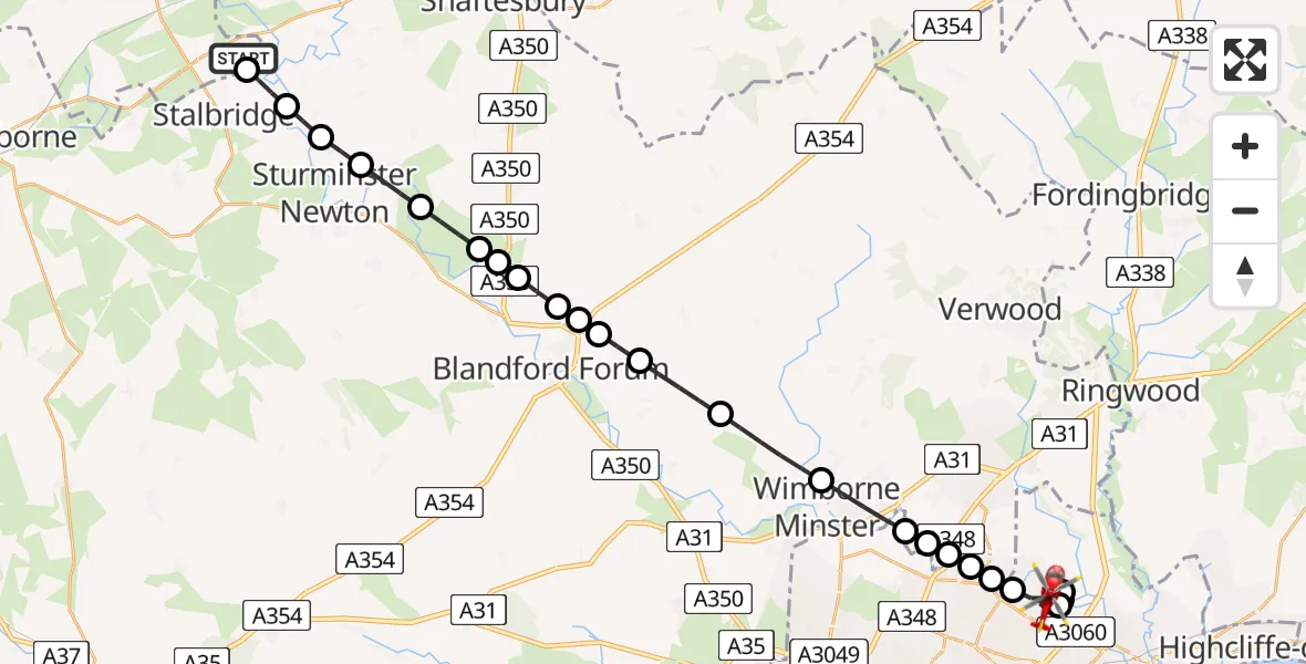 Flight route map: Air Ambulance Helicopter to Throop, Throop Road