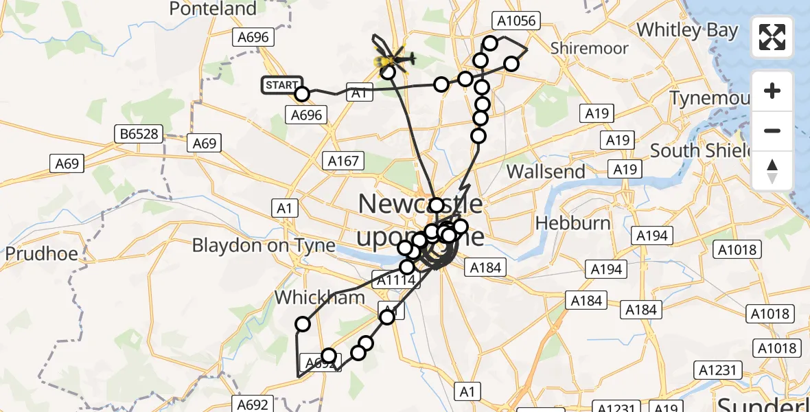 Flight route map: Police Helicopter to Hazlerigg Village, Warkworth Woods