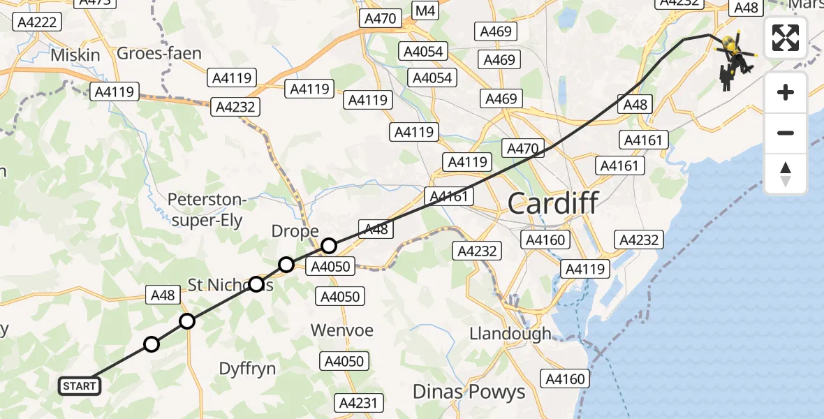 Flight route map: Police Helicopter to Cardiff, Willowbrook Drive