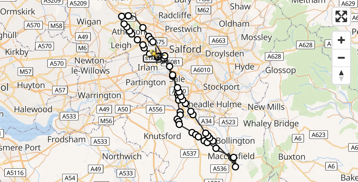 Flight path map showing Police Helicopter route from Irlam to Manchester Barton Aerodrome
