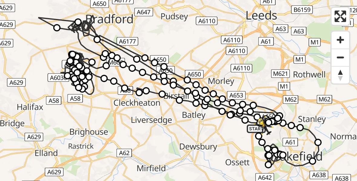 Flight path map showing Police Helicopter route from East Ardsley to Wrenthorpe